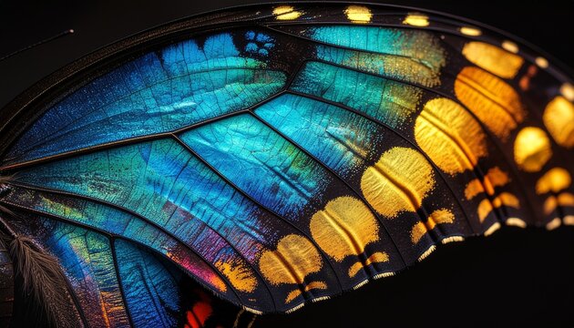 Macro shot of a vibrant blue and yellow butterfly wing on a black background, featuring intricate scale textures and a dynamic diagonal composition.