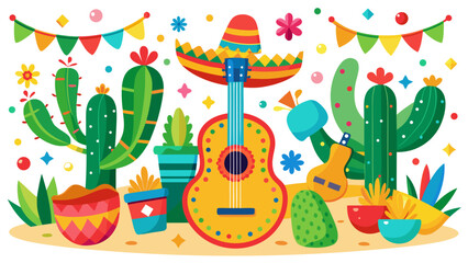 Naklejka premium Festive Mexican Celebration Vector with Guitar Sombrero and Cactus