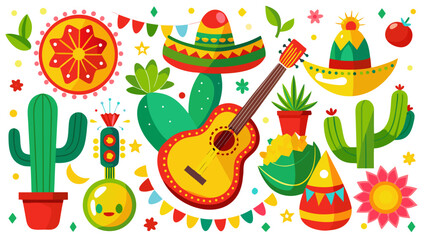 Fototapeta premium Mexican Fiesta Vector Illustration with Guitar Sombrero and Cactus