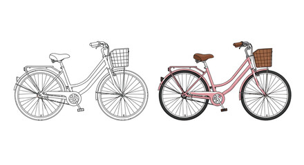 Fototapeta premium Bicycle line art and color template show commuter style.