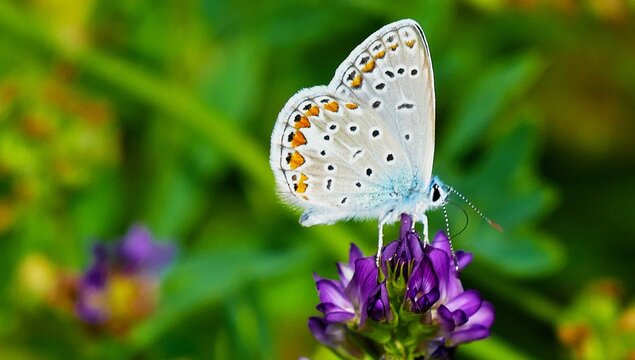 Blue butterfly with open wings and purple flower in green meadow wildlife background