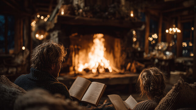 Friends share stories by the fire at a cozy mountain cabin retreat