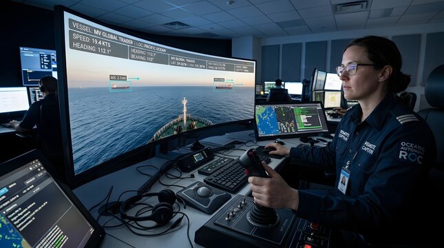 Female operator working with multiple computer monitors in control room monitoring maritime navigation systems