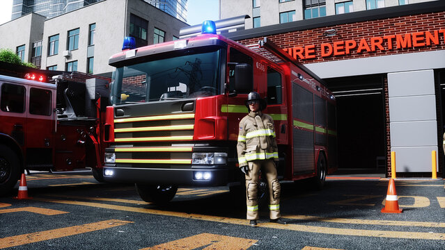 fire fighter and fire truck near the fire station. Fire department. 3d rendering.
