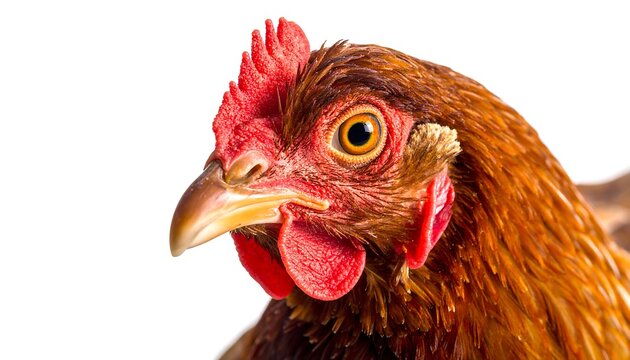 Close-up of a brown chicken with a red comb and wattle.