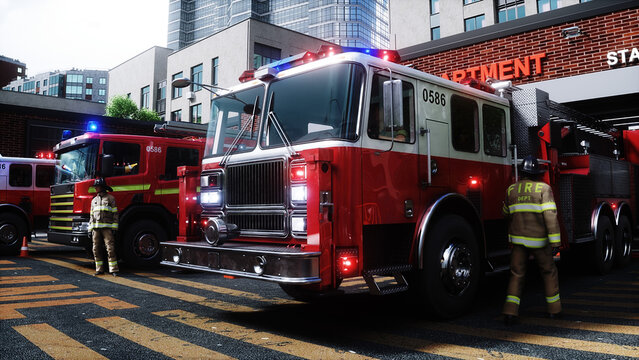 fire truck near the fire station. Fire department. 3d rendering.