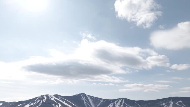 4K Drone video pan down to reveal Killington Ski Area, in winter with snow in Vermont. Skiing and Snowboarding in the green mountains on ski trails and chairlifts.