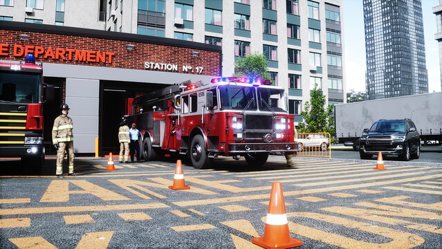 fire truck near the fire station. Fire department. 3d rendering.