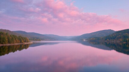 Fototapeta premium Serene Dawn Reflection on Calm Lake Surrounded by Lush Forest and Soft Pink Clouds in Tranquil Nature Landscape