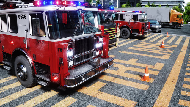fire truck near the fire station. Fire department. 3d rendering.