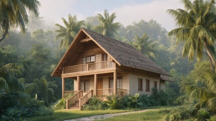 Fototapeta premium Cozy wooden cottage surrounded by tropical palm trees in serene, lush landscape with soft morning light