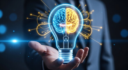 A person holding a glowing brain with interconnected nodes and neural pathways.