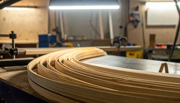 Thin Wood Strips Carefully Bent and Glued to Form a Curved Shape in a Workshop Setting