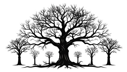 Obraz premium Silhouette of a Majestic Tree with Surrounding Smaller Trees.
