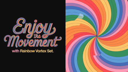 A vibrant split screen image features retro typography on the left and a swirling rainbow vortex design on the right promoting movement high quality professional detailed © Roxxxxxxxxx
