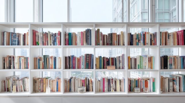 Modern urban library with books on white shelves in bright apartment