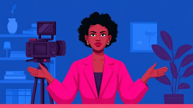 A woman in a pink blazer sits in front of a camera, gesturing with her hands, ready to record or livestream in a modern blue-toned room with plants and books.