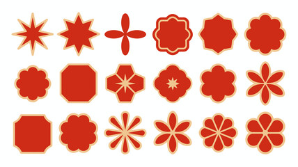 A collection of vibrant red ornamental shapes and floral designs are displayed against a stark white background creating a decorative pattern high quality professional detailed modern