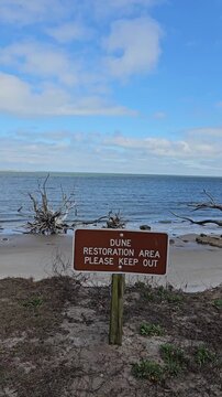 Dune restoration sign in beach sand with ocean waves flowing in background vertical video