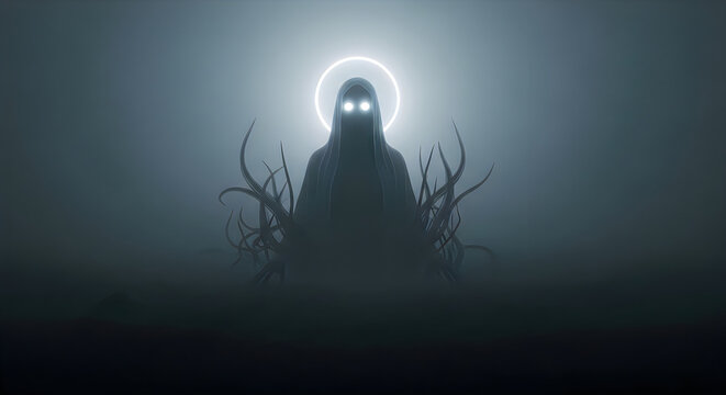 A mysterious figure with glowing eyes and a halo in a dark and foggy environment