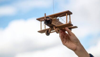 A hand presents a miniature wooden biplane model suspended by a delicate wire against a cloudy sky