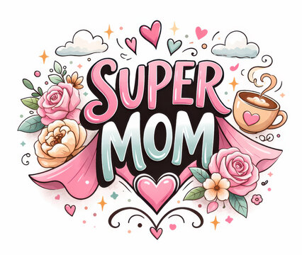 Cute Super Mom hand lettering with hearts, roses, clouds, and coffee cup in soft pastel style. Perfect for Mothers Day cards, gift prints, blog headers, and loving social media tributes.