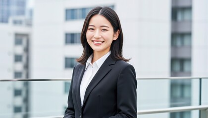 ビル群を背景にリラックスした自然な笑顔を見せる女性新入社員