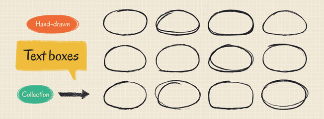 Doodle crayon hand-drawn text box collection. Round shapes, pencil sketch texture. Vector drawing ink illustration. Grunge brush outline text boxes for notes- speech box, shapes, elements.