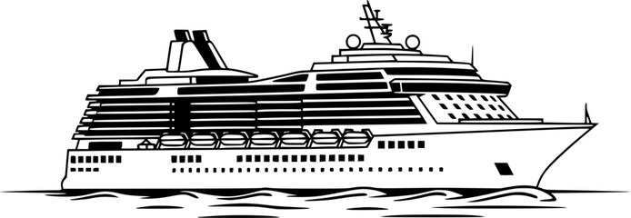 Obraz premium Luxury Cruise Ship on Ocean Flat Vector, Black and White Vacation Cruise Design 