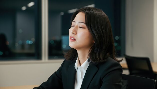 夜のオフィスで目を閉じて深くため息をつく疲労困憊の女性社員