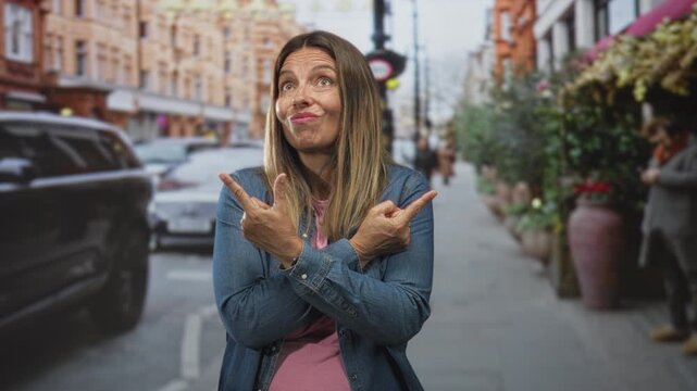 Woman in denim jacket points both index fingers opposite ways on a busy city street beside a parked suv and flowered planters; indecision choice direction.