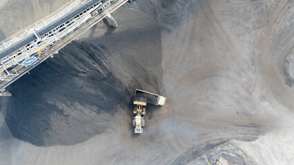 Drone footage from a coal mining site in South Kalimantan shows trucks and heavy equipment in action © A Denny Syahputra