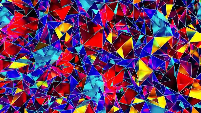 Vibrant abstract background with sharp, colorful geometric polygons in red, blue, yellow, and cyan. Ideal for modern digital art, tech, music, and event promotions, conveying energy and dynamism.