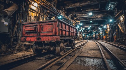 Fototapeta premium Rustic mining cart on railway tracks in underground tunnel with dim lighting