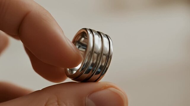 Finger pinching a wavy silver ring against a soft beige background in a soft focus shot