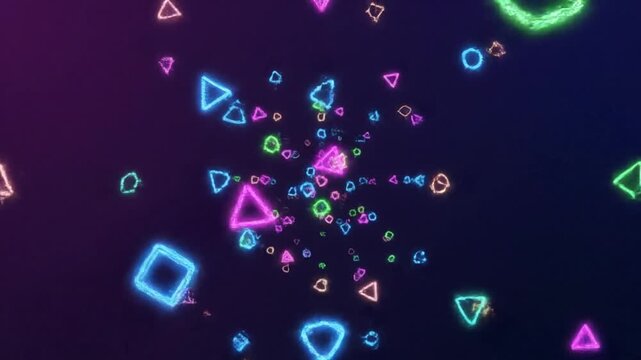 Futuristic glitch background animation with digital noise pixel distortion and abstract data fragmentation Random colorful geometric shapes scatter across dark purple to navy gradient Neon pink green 