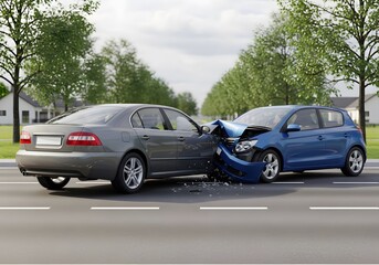 Two damaged cars involved in a serious headon collision accident on a road