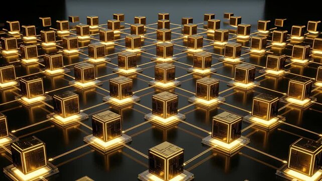 Abstract 3D animation of a golden blockchain network with glowing data blocks connected by light rays representing digital cryptocurrency mining and global server infrastructure.