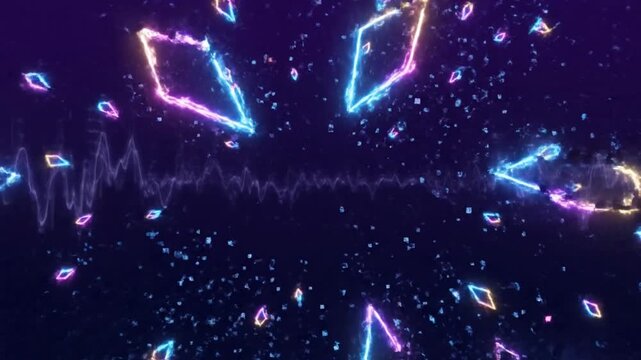 High tech glitch art animation showing colorful data shards breaking apart across dark indigo gradient Flickering neon outlines pixel fragmentation and digital noise waves create energetic movement Cl