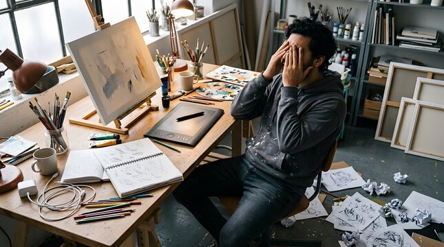 Stressed artist with creative block sitting at studio desk with hands over face and messy sketches