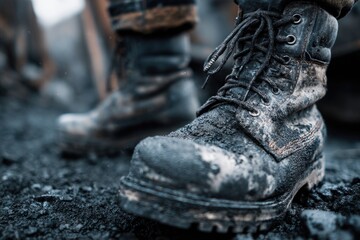 Worn leather boots in muddy terrain showing rugged outdoor adventure