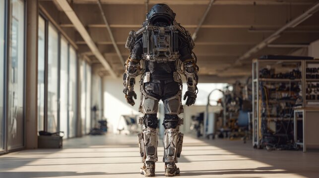 Futuristic exosuit clad individual in industrial setting
