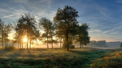 Naklejka premium Serene Sunrise in a Tranquil Forest with Golden Rays and Soft Morning Mist Surrounding Lush Green Trees