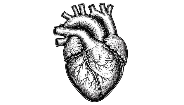 Detailed anatomical illustration of the human heart in black and white.