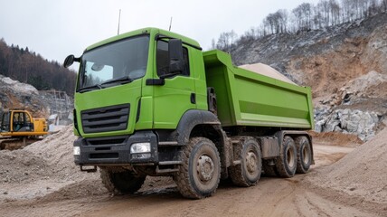 Green dump truck transporting gravel in quarry