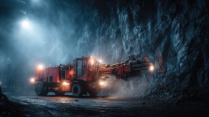 Underground mining equipment operating in dimly lit tunnel