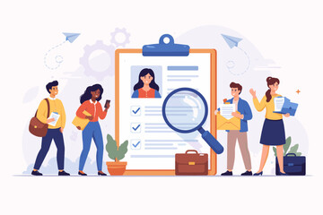 Vector illustration of diverse job candidates applying for a position with a giant resume clipboard, magnifying glass, and briefcase, representing recruitment, hiring, and career opportunities.