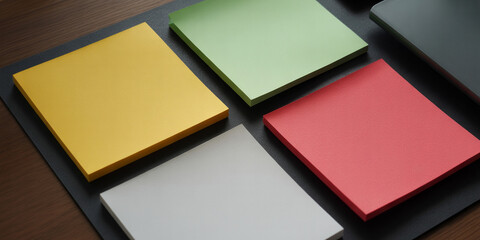 Fototapeta premium sticky notes on black desk mat, office supplies, stationery, yellow green red white paper blocks, workplace organization, minimalist desk setup, blank memo pads, business planning, creative 