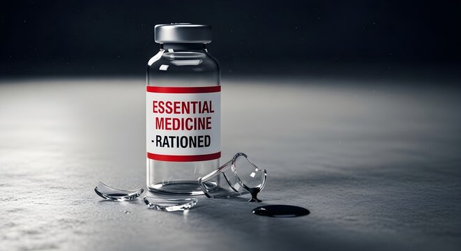 Essential medicine vial labeled rationed with a broken glass next to it, dark liquid spill