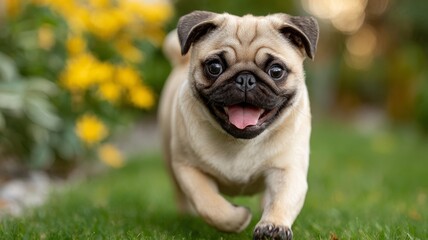 Obraz premium Adorable Pug Puppy Running Happily in Lush Green Garden